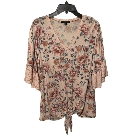 Floral Bell Sleeve Tie Front Blouse By Signature Studio Size Large #F-7-115-10 - Picture 1 of 5